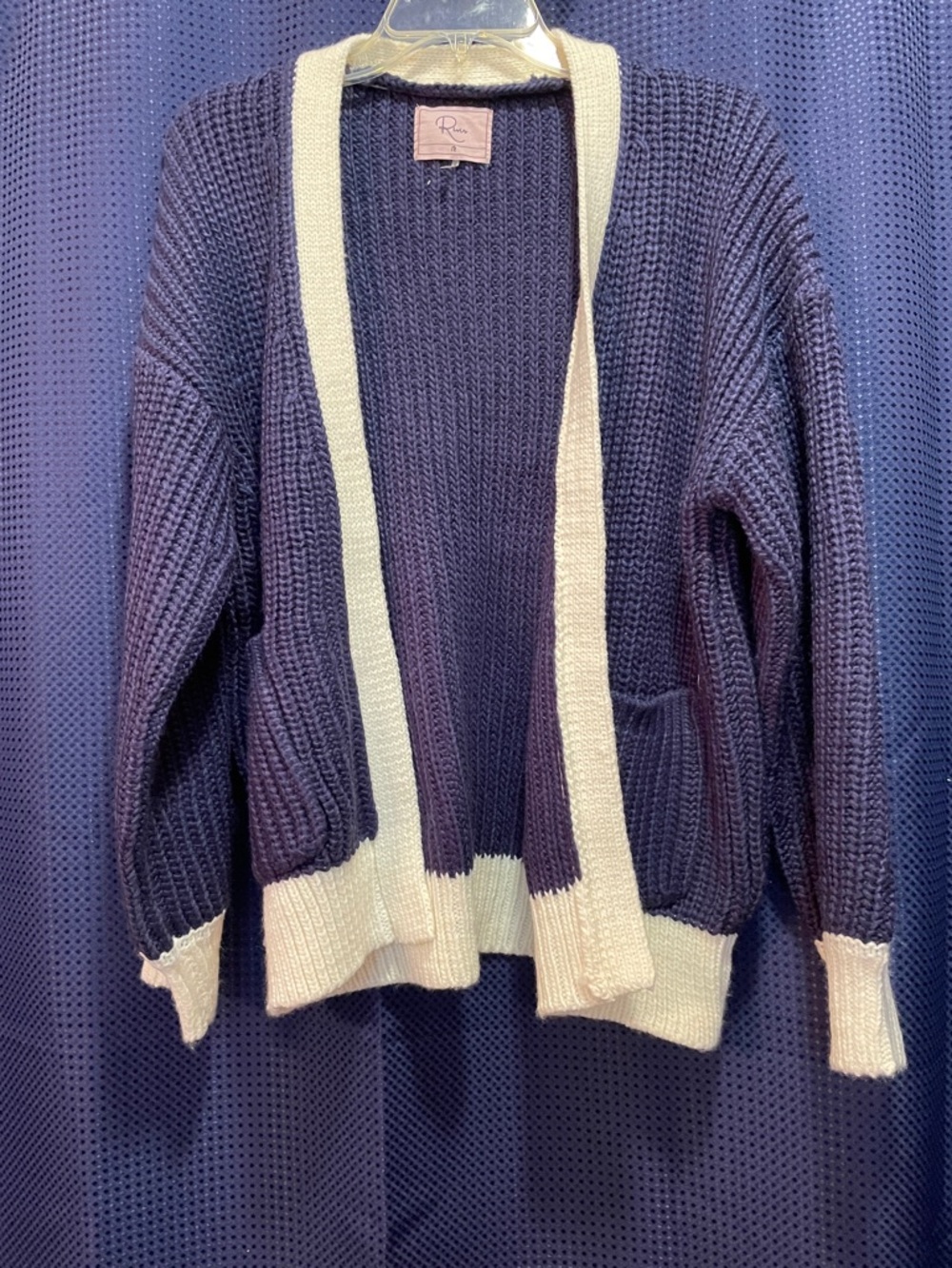 Open-Front Navy and Cream Knit Cardigan Sweater for Women